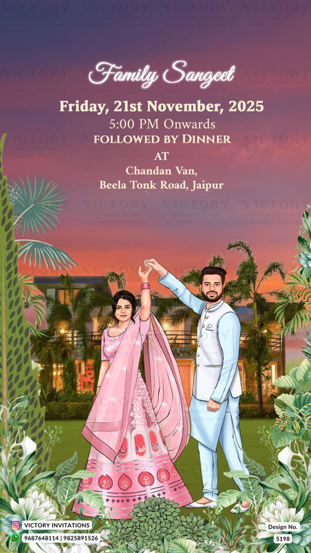 A digital invitation card for a 'Family Sangeet' event, featuring a colorful sunset sky background with an illustration of a bride in a pink traditional outfit and a groom in a light blue suit dancing in a garden setting. The text details the event date, time, and location.