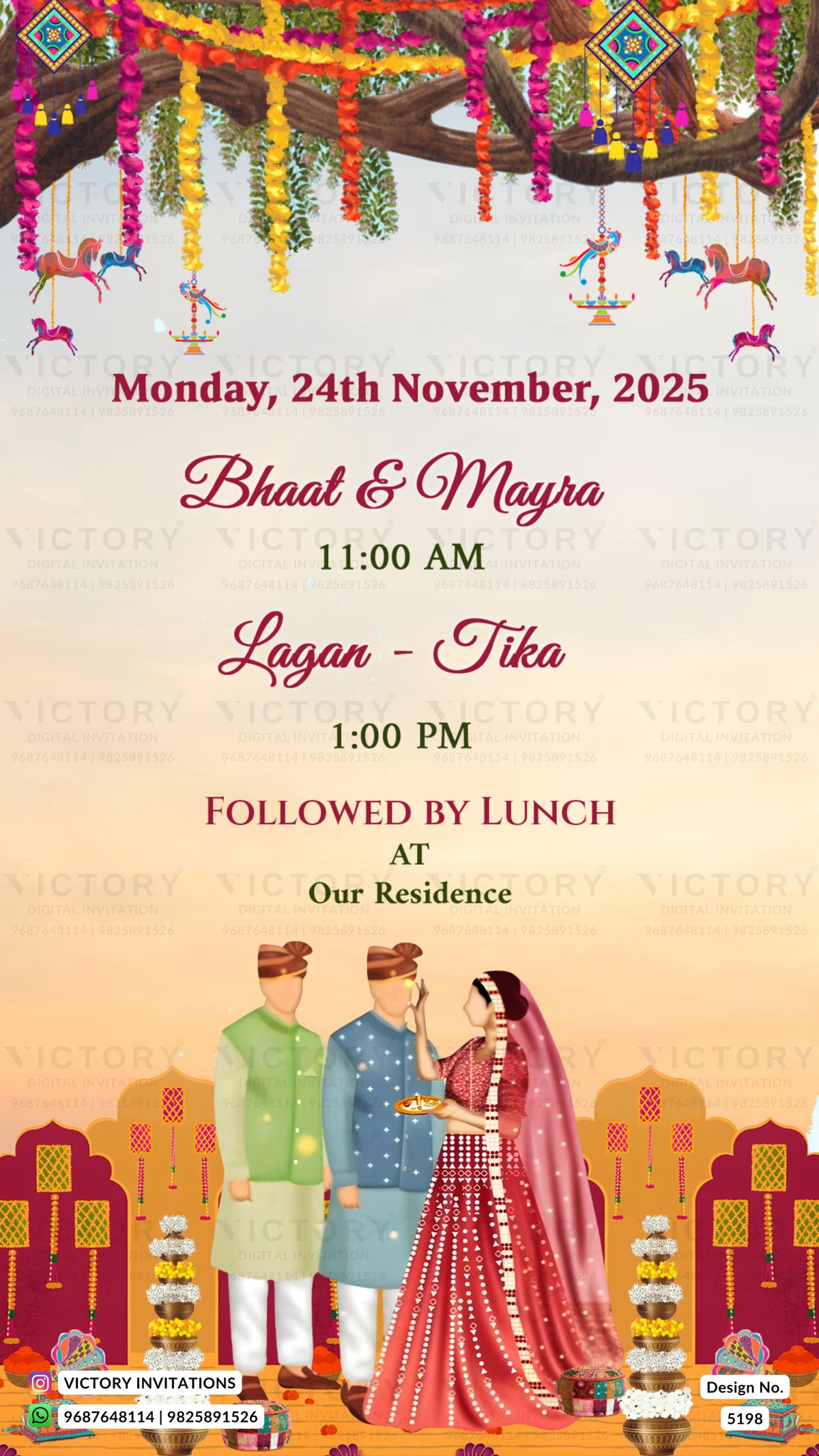 A digital Indian wedding invitation card featuring a festive Bhaat & Mayra (clay huggie) theme. The design has a warm cream-to-orange gradient background, decorated with traditional garlands, hanging marigolds, and a stylized tree at the top.