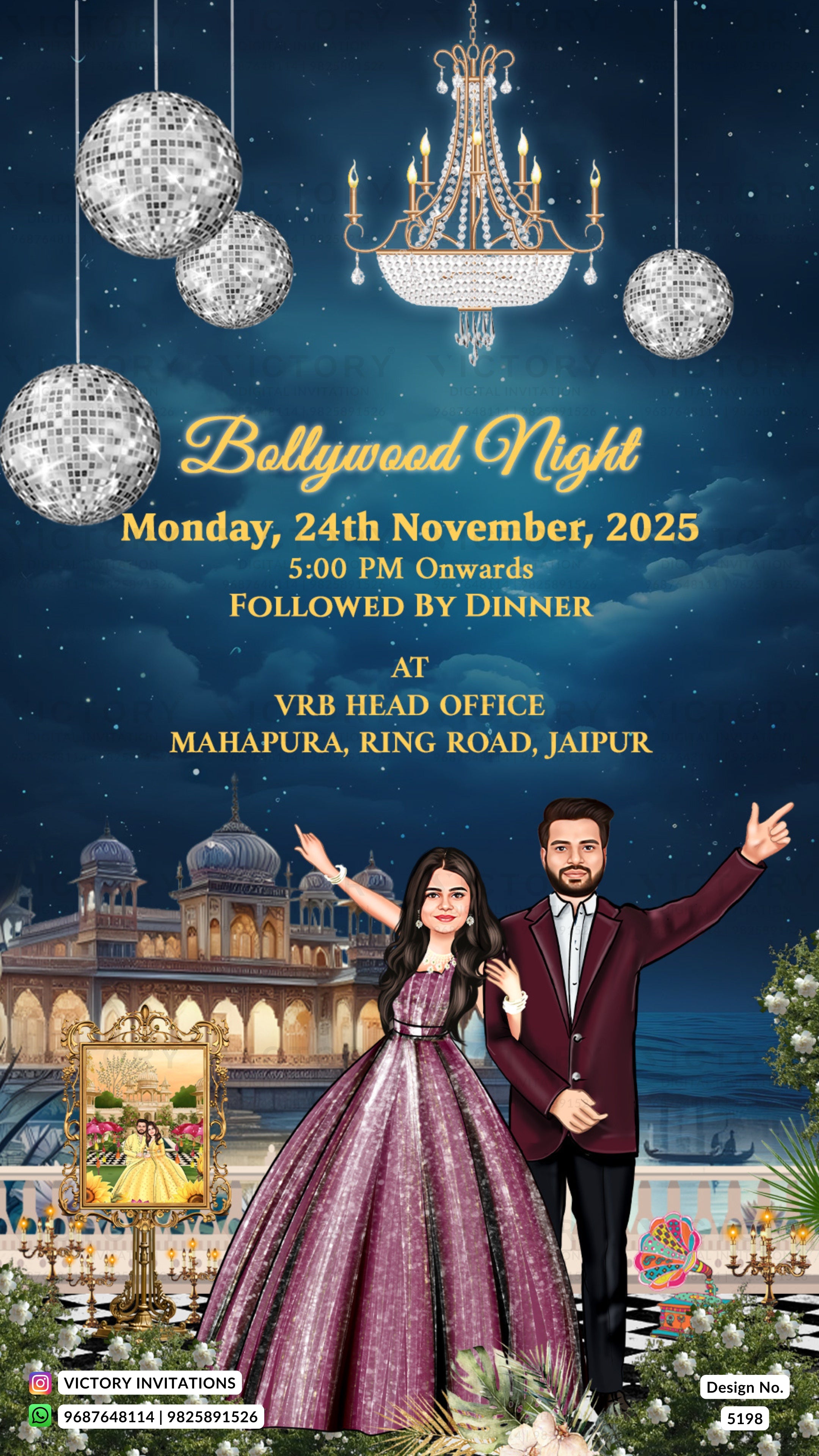 A digital invitation card for an event titled 'Bollywood Night' on Monday, 24th November, 2025. The design features a dark blue night sky background with hanging disco balls and a chandelier, alongside an illustration of an Indian palace.