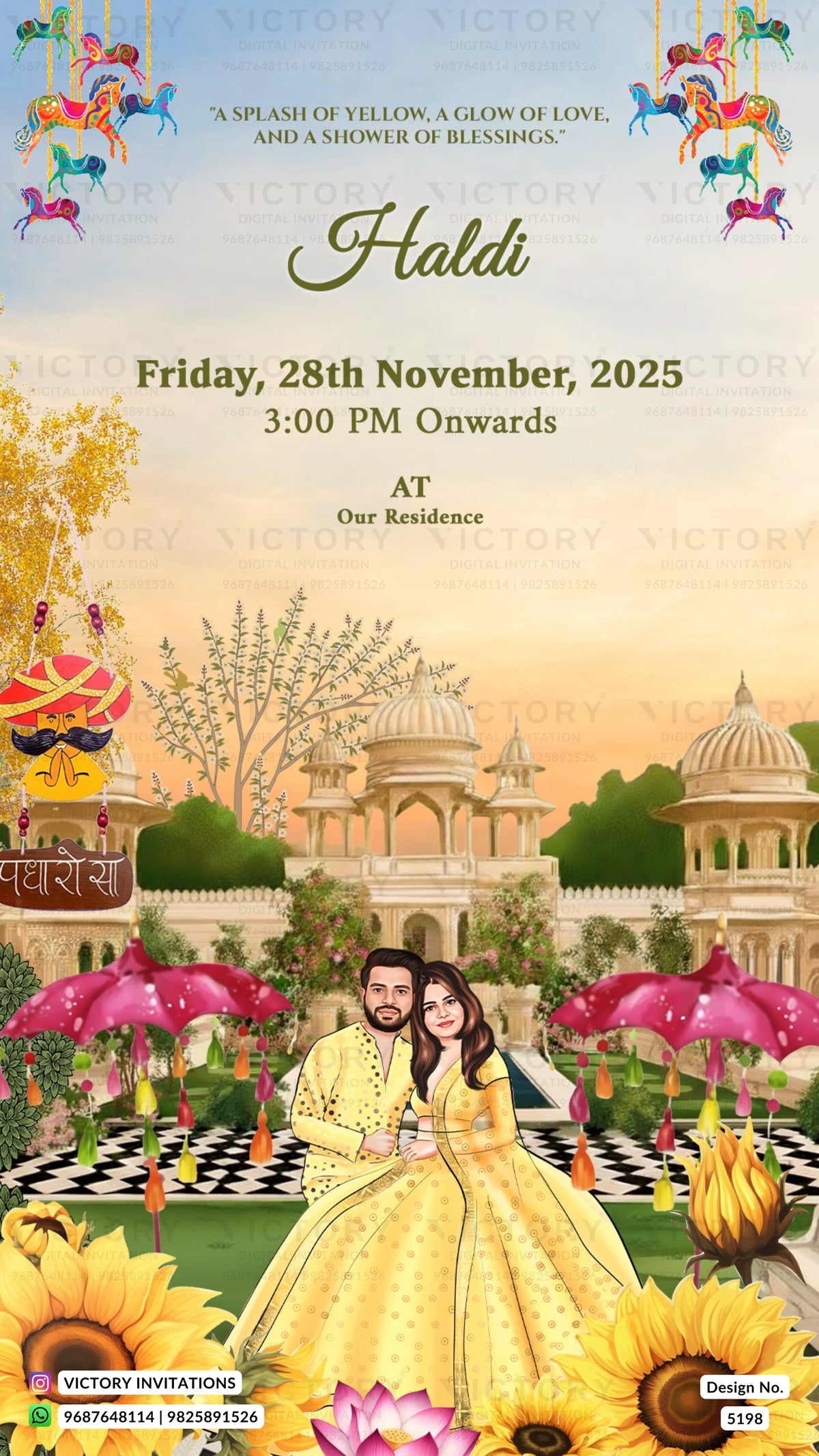 A colorful Haldi party invitation card featuring a cartoon illustration of a man and woman in traditional Indian attire, with domes, trees, sunflowers, and hanging umbrellas. The text reads 'Haldi Friday, 28th November, 2025 3:00 PM Onwards AT Our Residence' and includes 'VICTORY INVITATIONS' at the bottom.