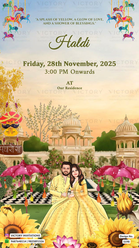 A colorful Haldi party invitation card featuring a cartoon illustration of a man and woman in traditional Indian attire, with domes, trees, sunflowers, and hanging umbrellas. The text reads 'Haldi Friday, 28th November, 2025 3:00 PM Onwards AT Our Residence' and includes 'VICTORY INVITATIONS' at the bottom.