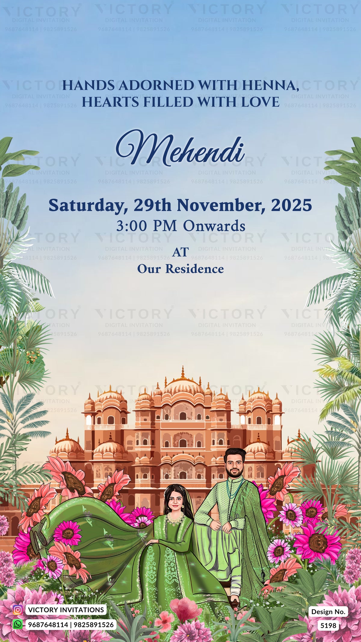 A digital Mehndi invitation card featuring a traditional Indian wedding theme. The top half has a light blue sky background with text reading 'HANDS ADORNED WITH HENNA, HEARTS FILLED WITH LOVE', 'Mehndi', and event details for Saturday, 29th November, 2025 at 3:00 PM onwards.