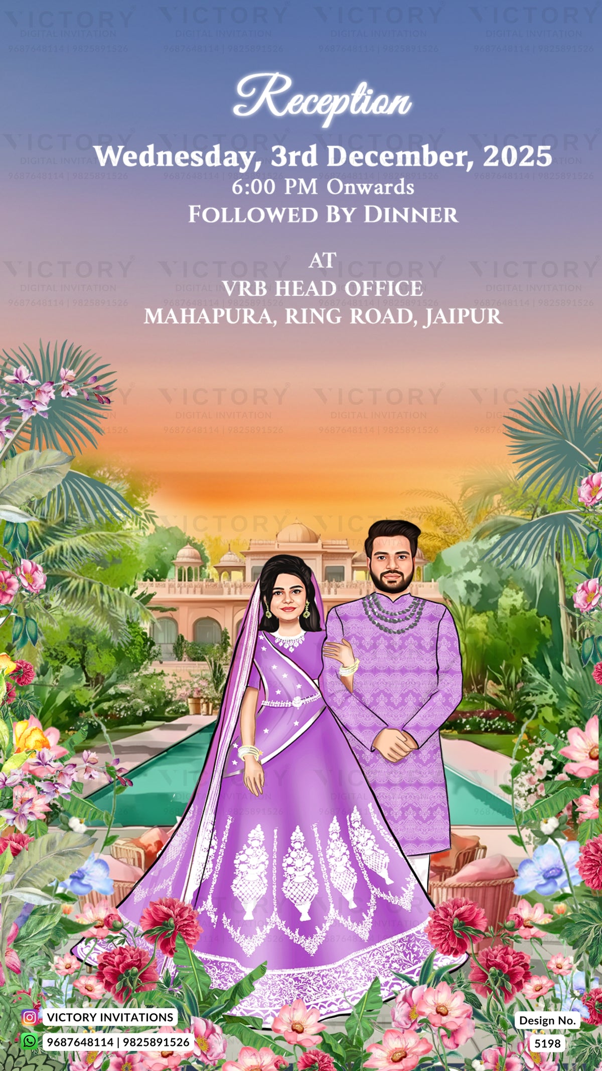 A colorful wedding reception invitation card featuring a cartoon illustration of a bride and groom in traditional Indian attire, standing in a lush garden with flowers and a pool. The top text reads 'Reception Wednesday, 3rd December, 2025' and details the venue as VRB Head Office, Jaipur.