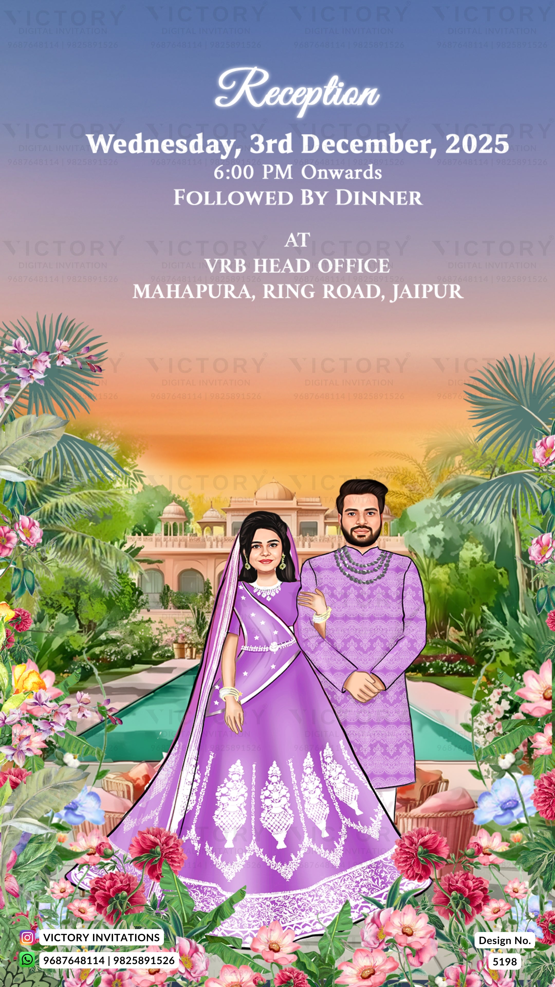 A colorful wedding reception invitation card featuring a cartoon illustration of a bride and groom in traditional Indian attire, standing in a lush garden with flowers and a pool. The top text reads 'Reception Wednesday, 3rd December, 2025' and details the venue as VRB Head Office, Jaipur.