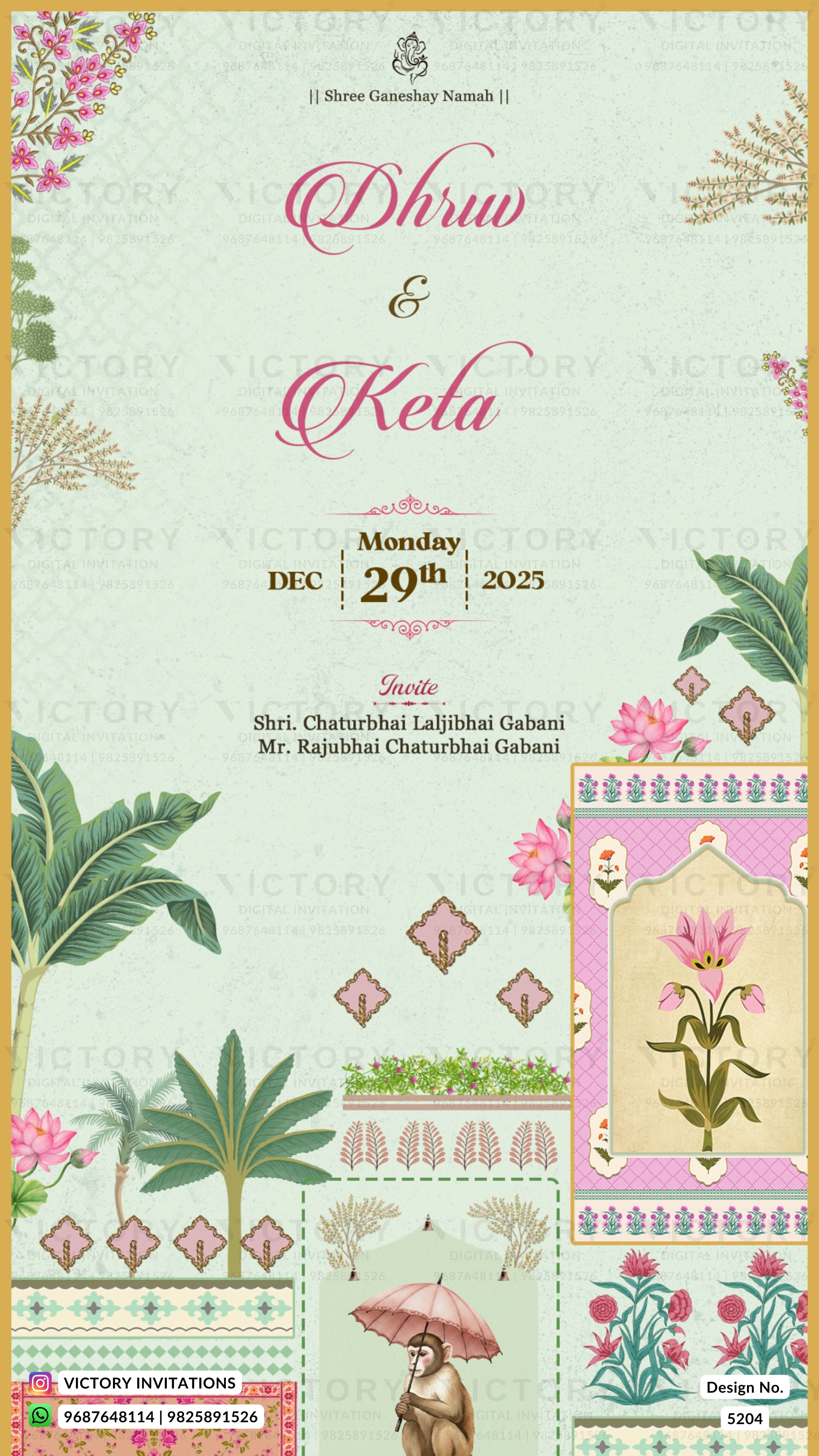 A decorative wedding invitation card design with floral illustrations, green leaves, pink script text reading 'Dhruv & Kela,' and event details including the date Monday 29th Dec 2025 and names of hosts and guests. The layout includes ornate borders, small floral panels, and a pink umbrella illustration near the bottom.