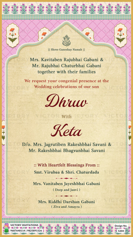 A wedding invitation card with a pink and beige floral border design, featuring the names of Mr. and Mrs.