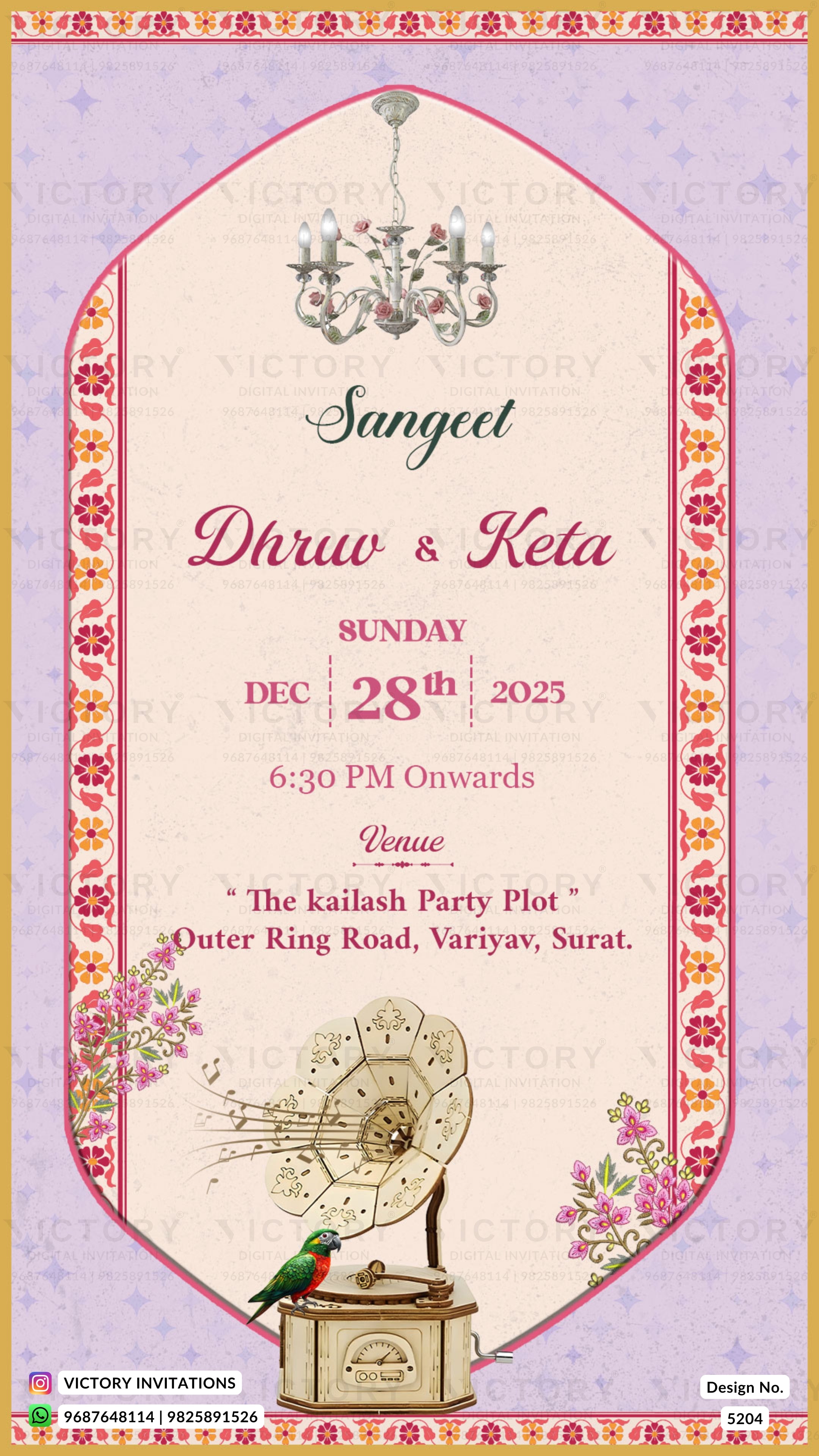 A digital invitation card design for a 'Sangeet' event, featuring a vintage gramophone, chandelier, and a small bird on a gramophone. The card has a cream center panel with pink and black text, framed by a pink floral border on a light purple background.