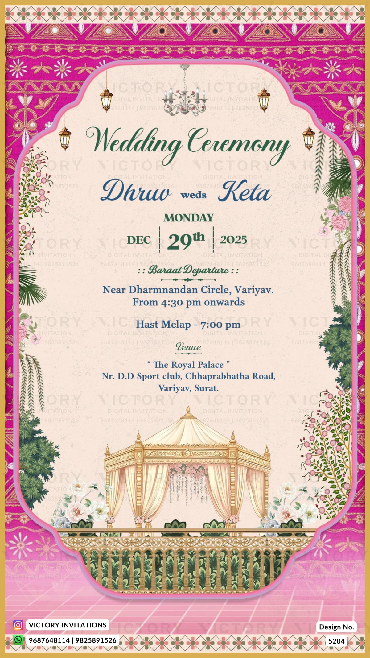 A digital wedding invitation card template featuring a traditional Indian theme. The design has a cream-colored central panel with elegant green and blue text for a 'Wedding Ceremony' between 'Dhruv' and 'Keta'.