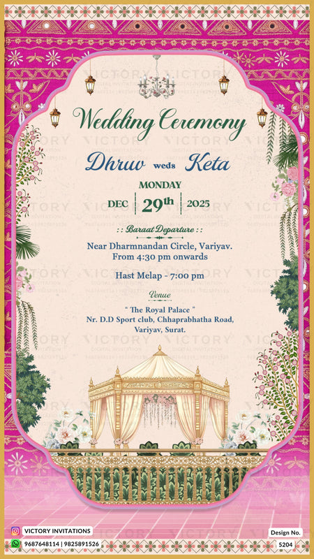 A digital wedding invitation card template featuring a traditional Indian theme. The design has a cream-colored central panel with elegant green and blue text for a 'Wedding Ceremony' between 'Dhruv' and 'Keta'.