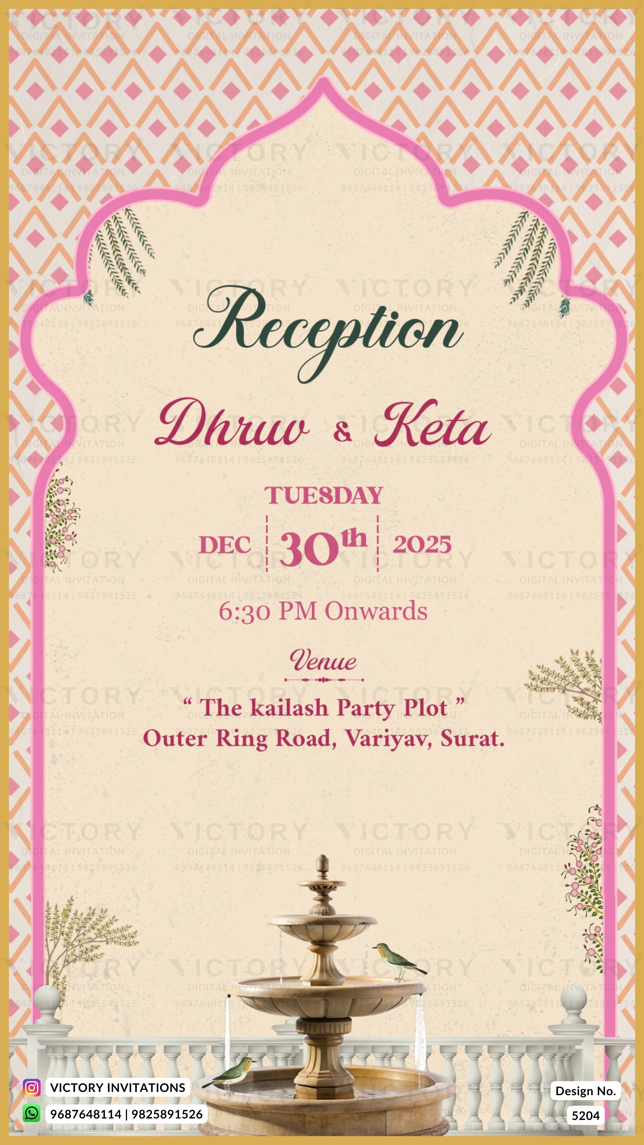 A digital invitation card for a wedding reception, featuring a pink and gold patterned border, a central cream-colored arch with elegant text reading 'Reception Dhruw & Keta', and a decorative fountain illustration at the bottom.
