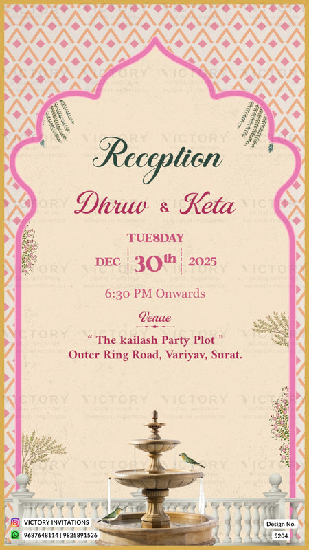 A digital invitation card for a wedding reception, featuring a pink and gold patterned border, a central cream-colored arch with elegant text reading 'Reception Dhruw & Keta', and a decorative fountain illustration at the bottom.