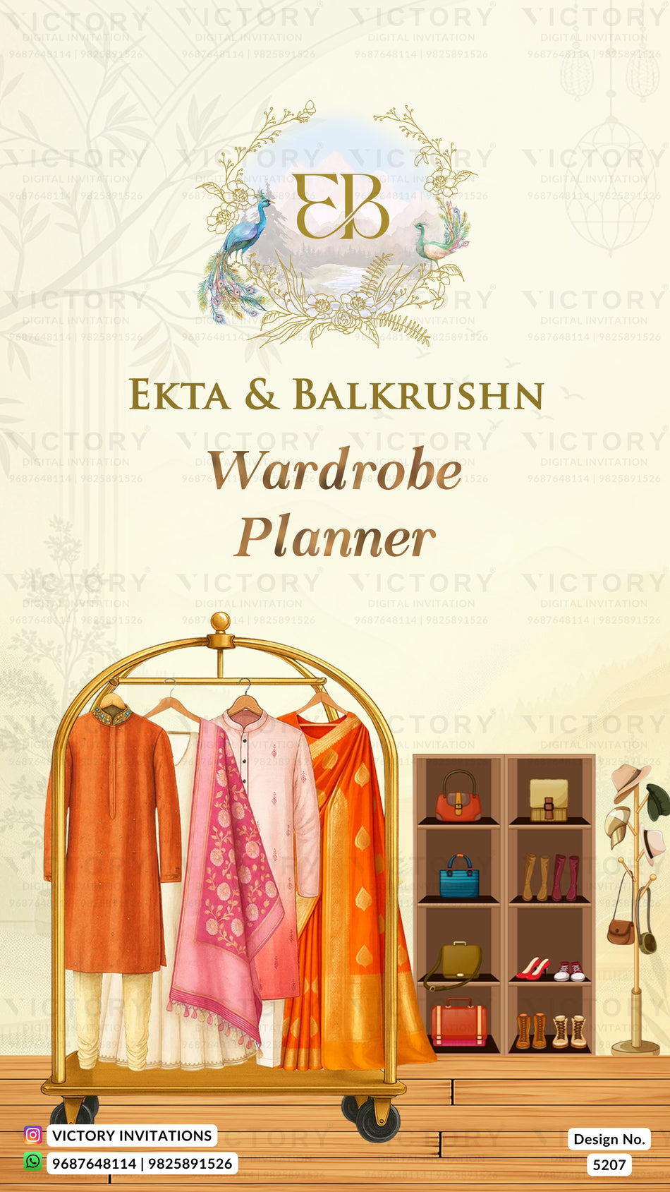 Wardrobe planner invitation card in english language with couple doodle, couple logo, Floral theme design 5207