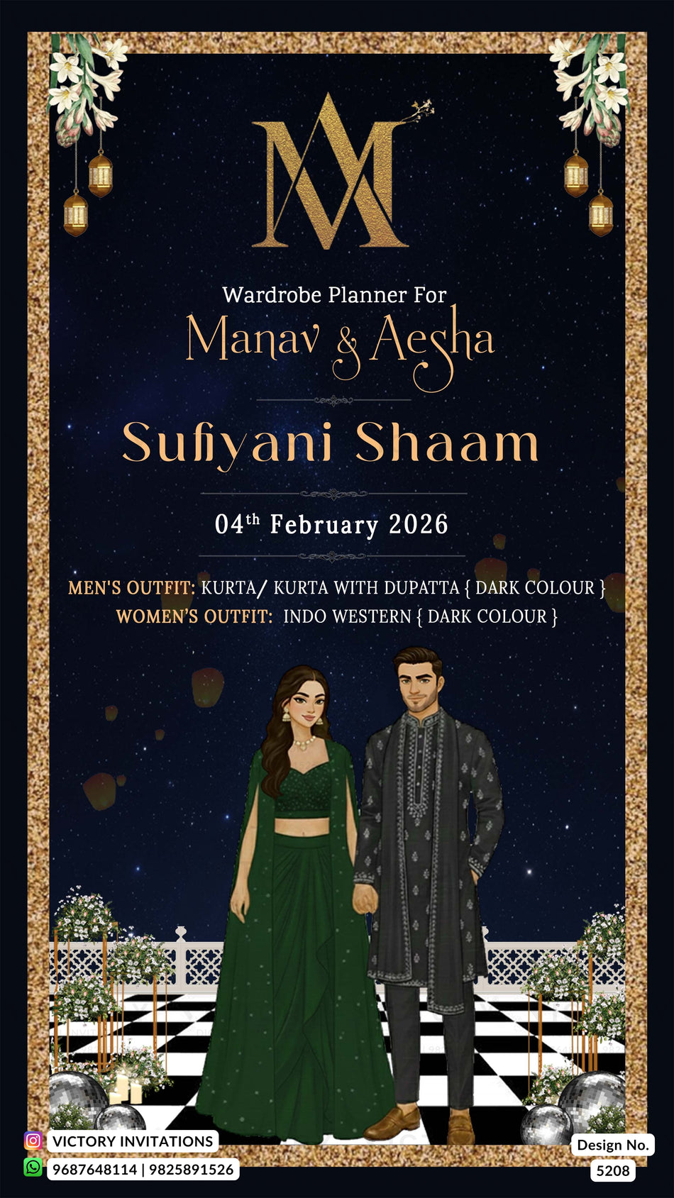 Wardrobe planner invitation card in english language with couple doodle, couple logo, frame theme design 5208