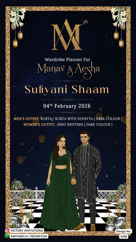 Wedding invitation card with couple's outfits and event details on a dark background