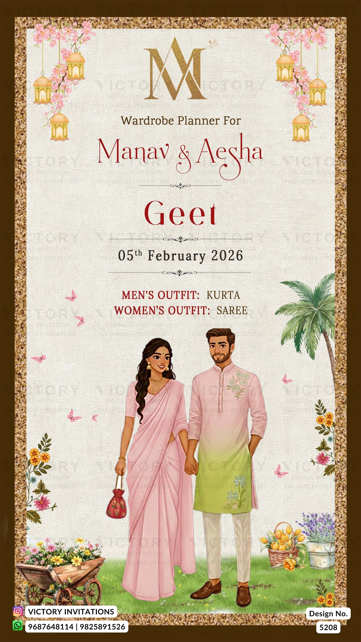 Wedding invitation card with a couple's outfit details and event information.