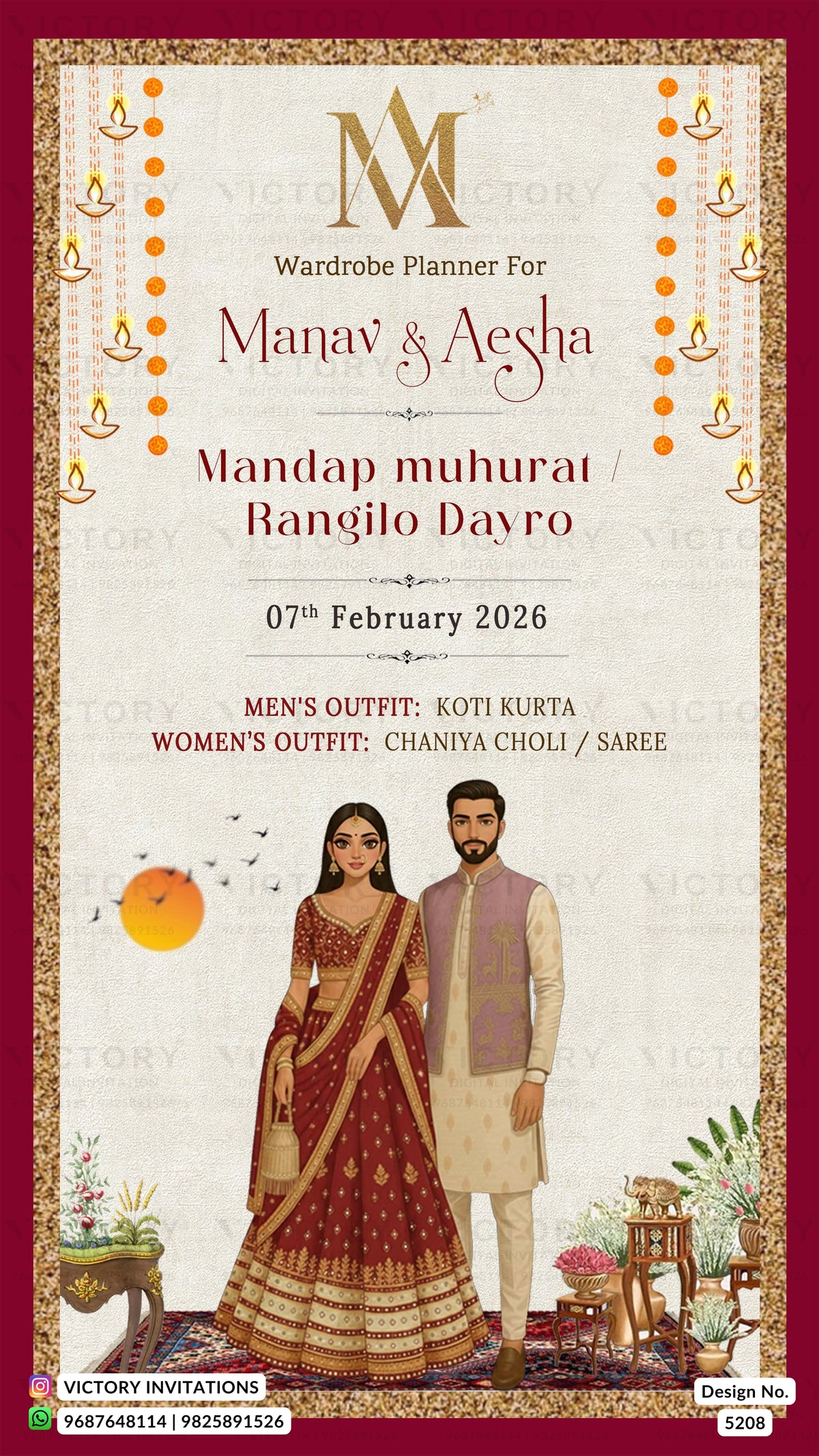 Wedding invitation card with couple's outfits and event details