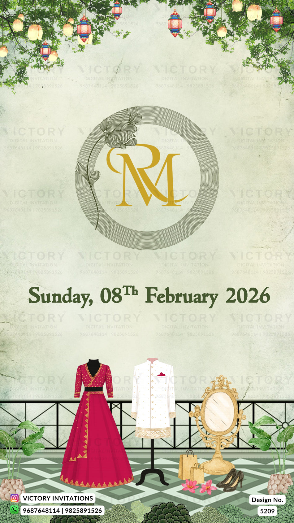 Wardrobe planner invitation card in english language with couple clothes, couple logo, floral theme design 5209