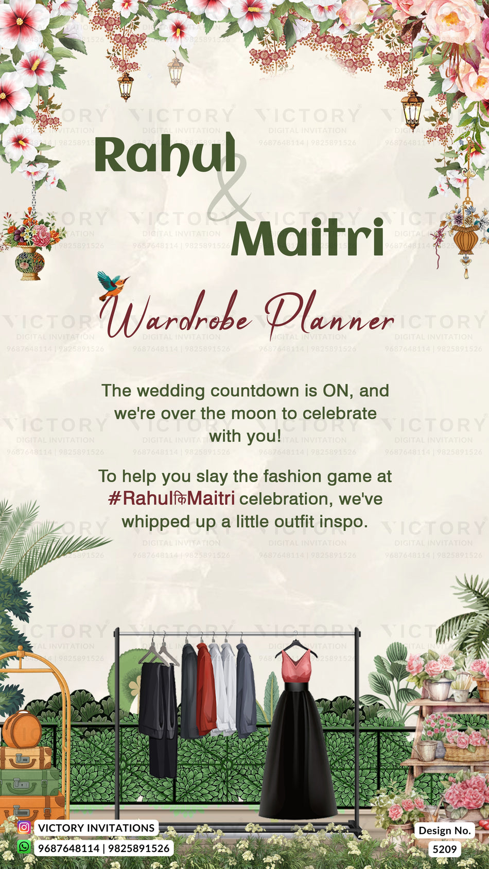 Wedding-themed wardrobe planner with floral decorations and outfit display.