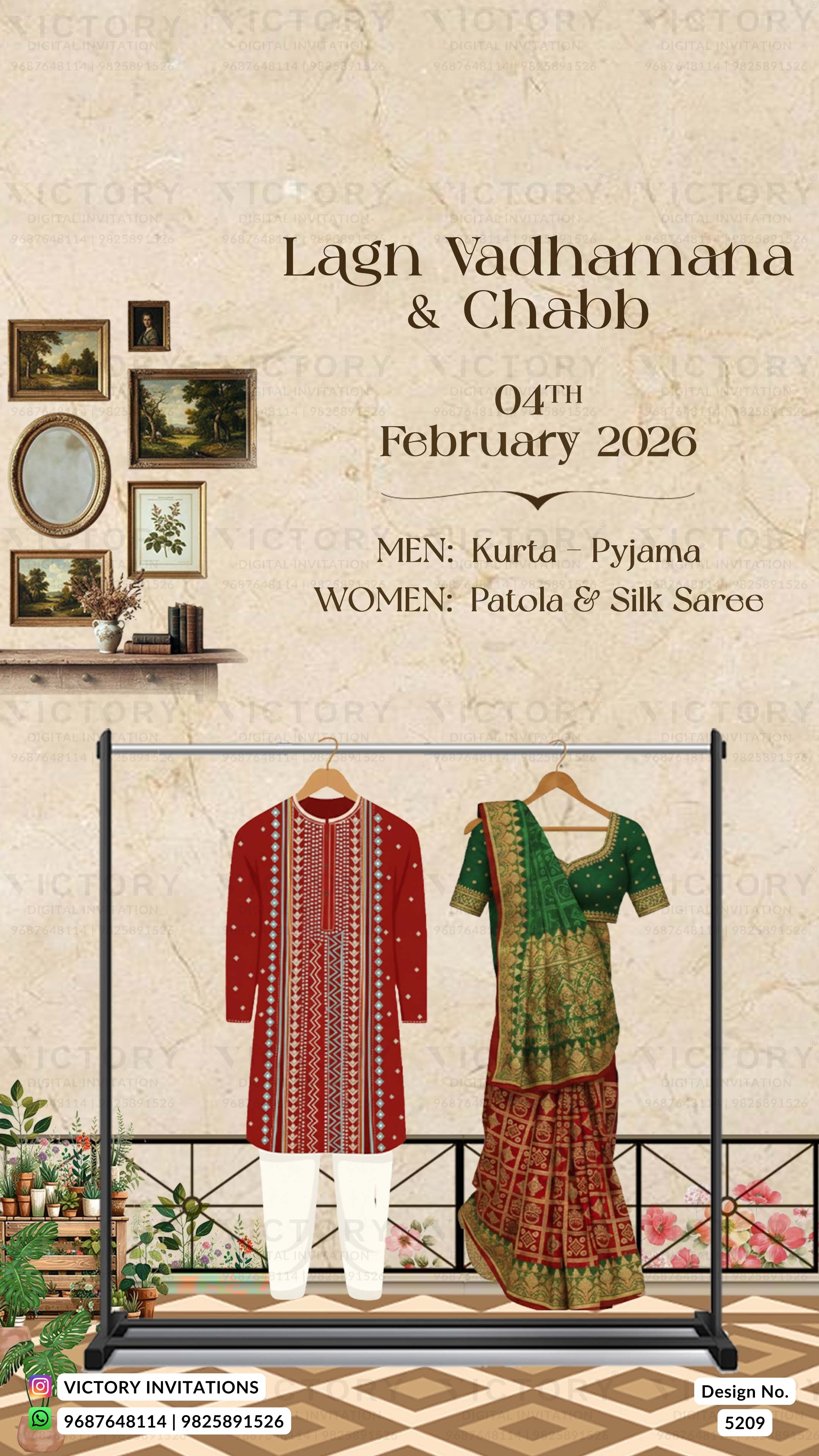 Promotional poster for traditional Indian attire with kurta, pyjama, and Patola silk saree on a decorative background.
