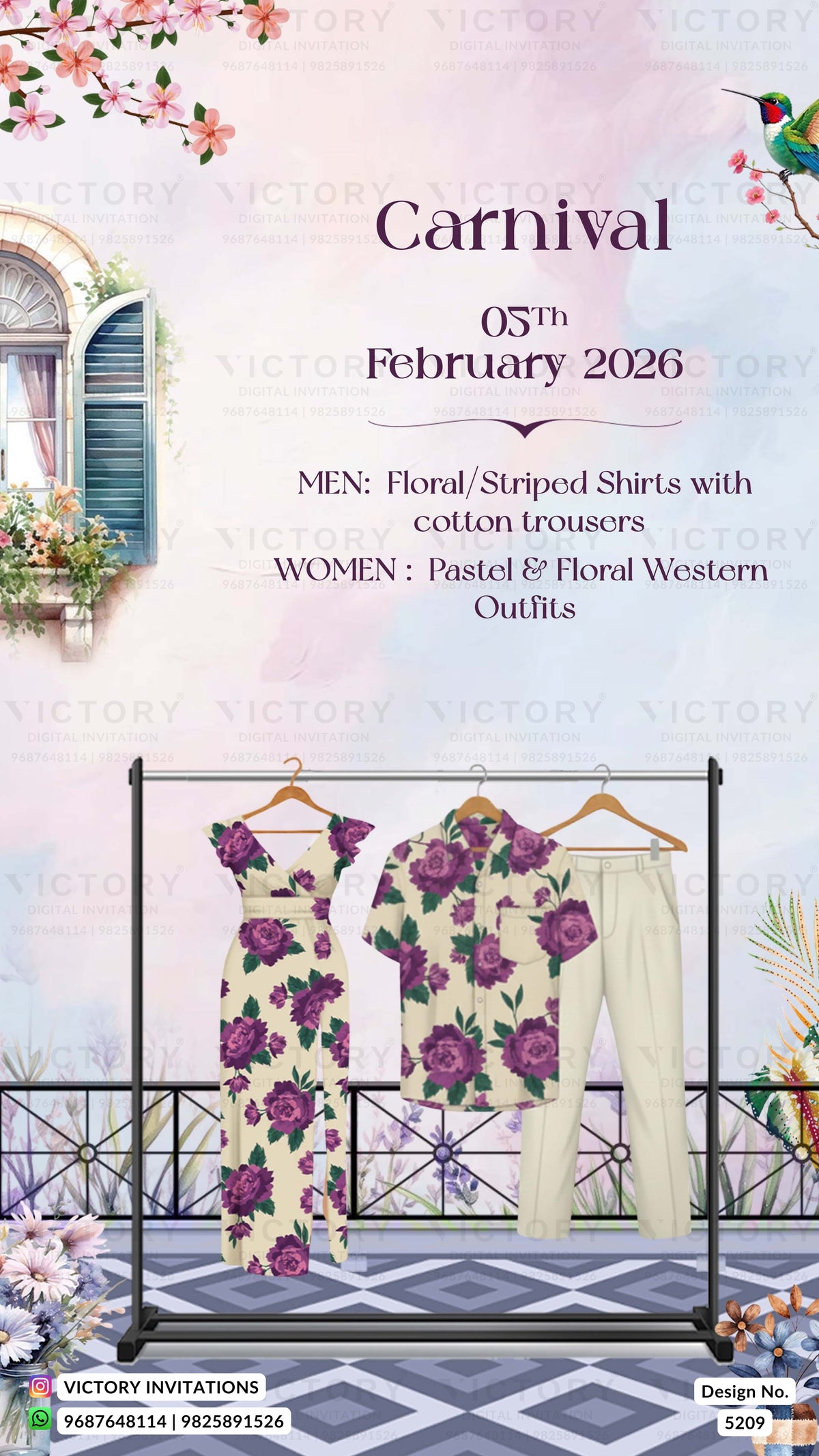 Promotional flyer for a fashion event with floral and striped shirts and outfits on hangers, set against a decorative background.