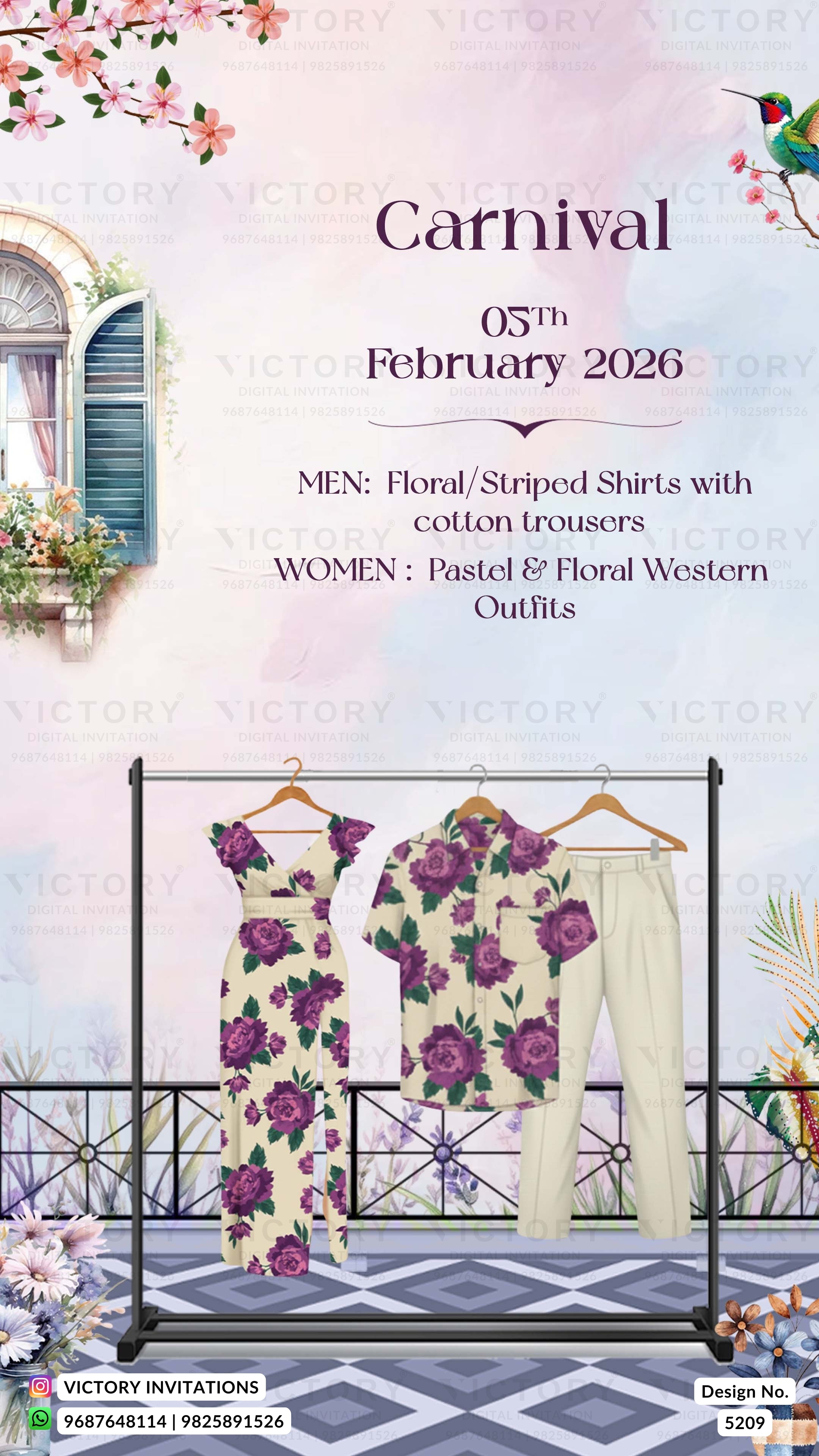 Promotional flyer for a fashion event with floral and striped shirts and outfits on hangers, set against a decorative background.