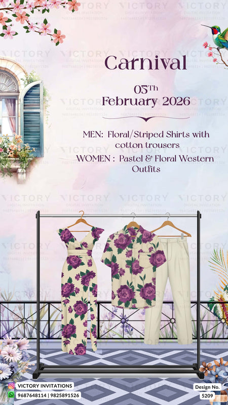 Promotional flyer for a fashion event with floral and striped shirts and outfits on hangers, set against a decorative background.