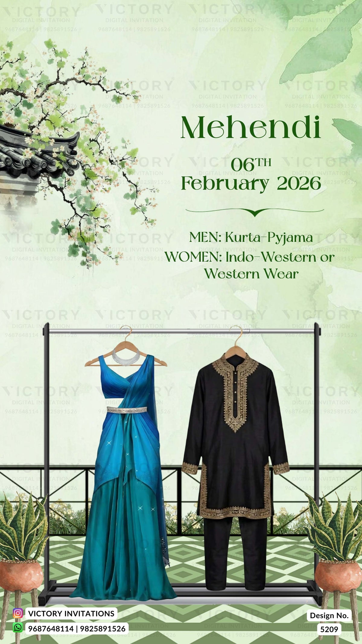 Promotional poster for men's and women's clothing with a green background and floral elements.