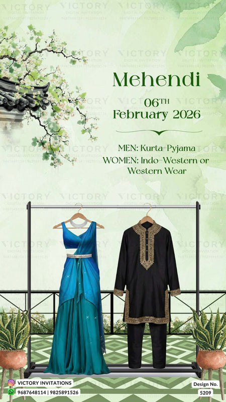 Promotional poster for men's and women's clothing with a green background and floral elements.