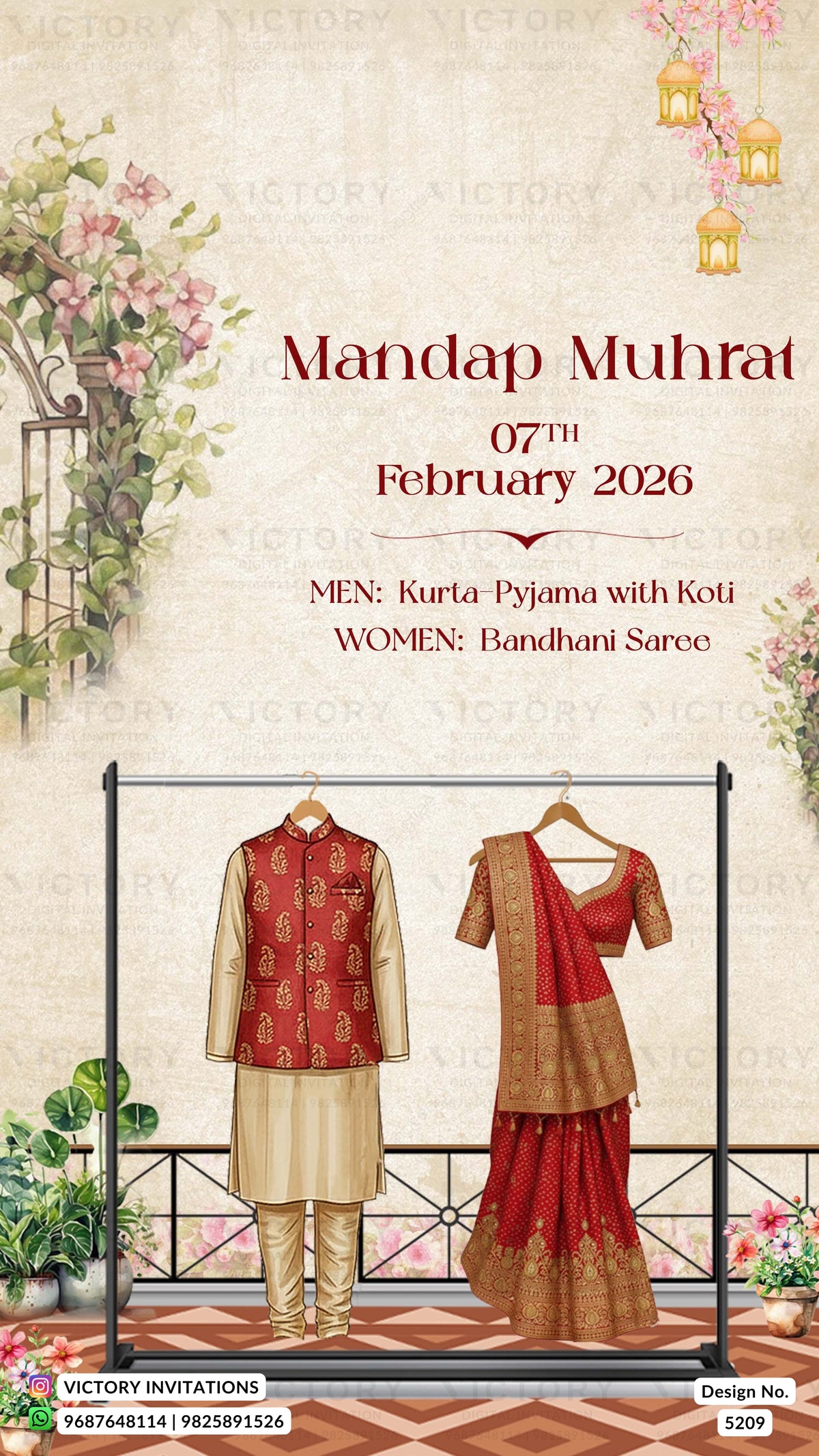 Wedding attire display with kurta-pyjama and saree on a rack, floral decorations, and text for Mandap Muhurat.