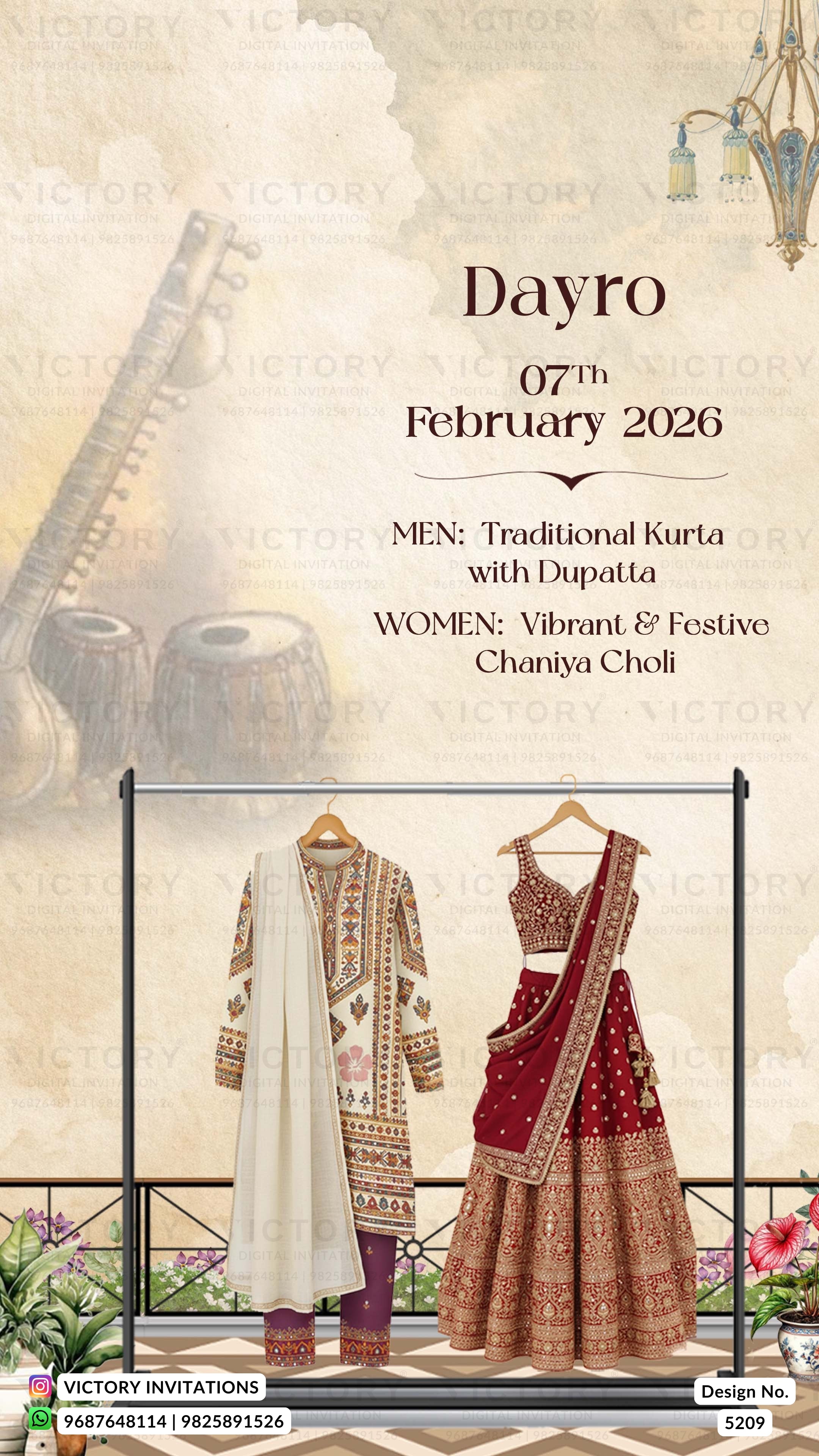 Promotional poster for traditional attire with a kurta and dupatta on a hanger, set against a decorative background.