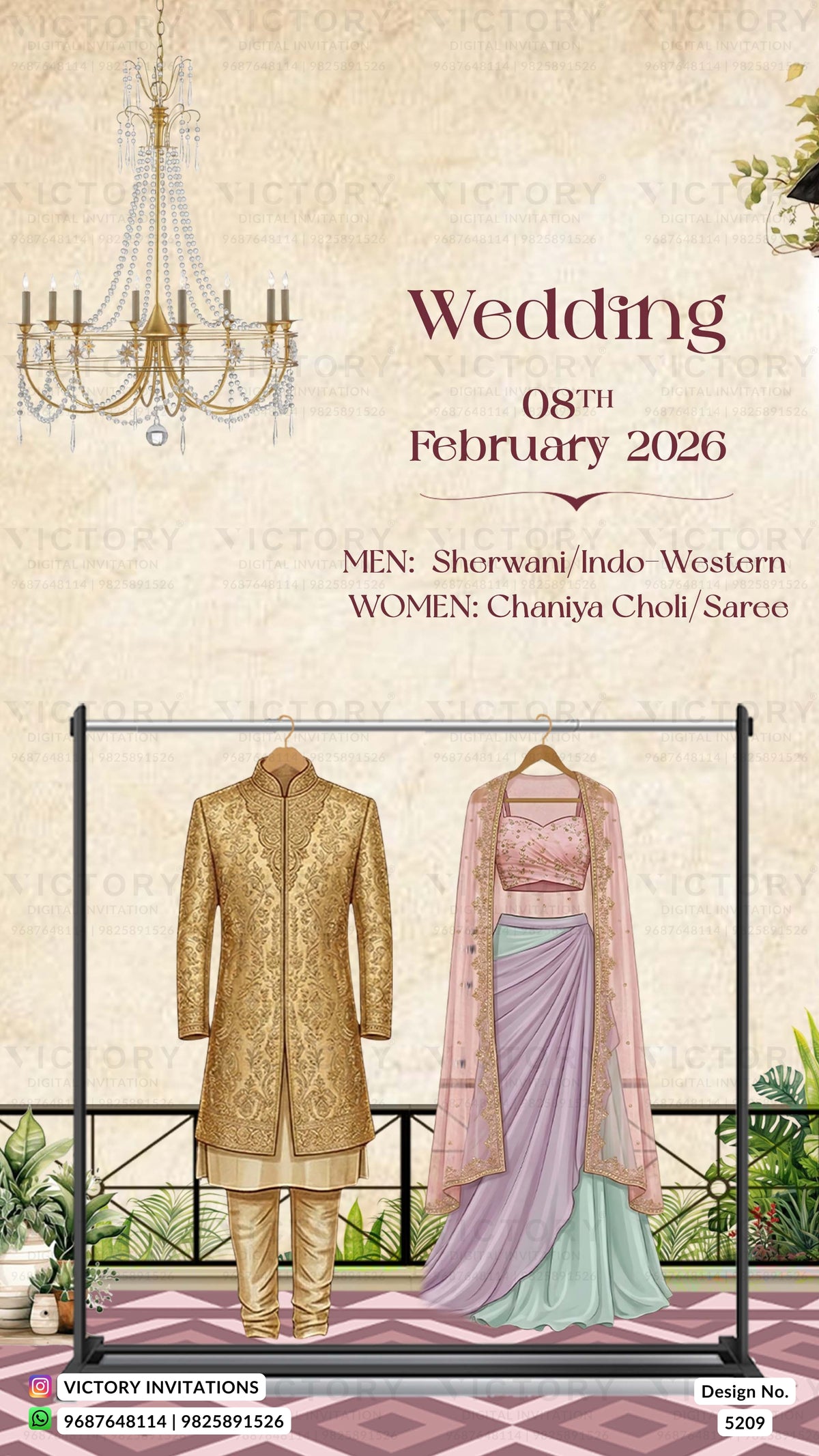 Wedding invitation card with Sherwani and Chaniya Choli on a stand, featuring a chandelier and balcony background.