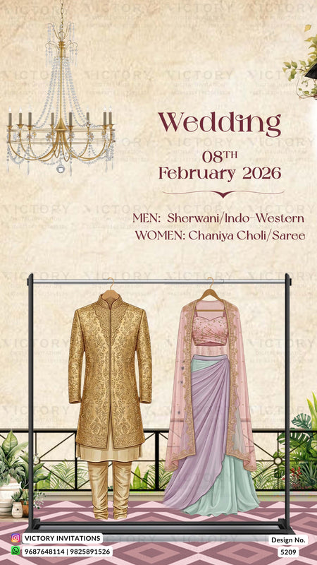 Wedding invitation card with Sherwani and Chaniya Choli on a stand, featuring a chandelier and balcony background.