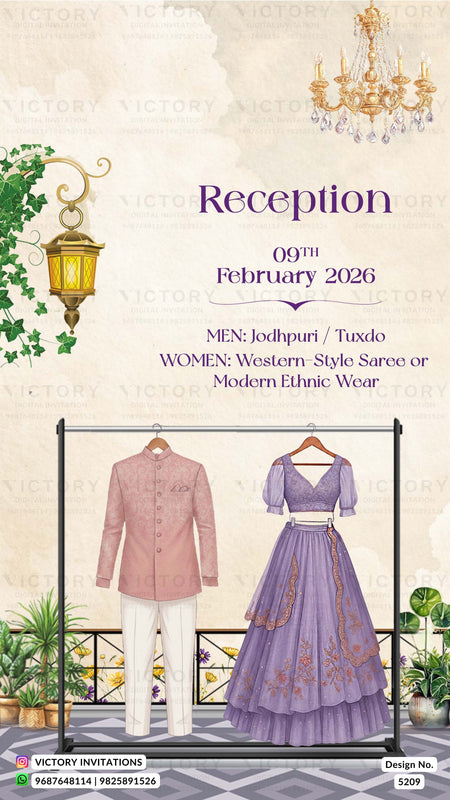 Invitation card for a reception event with attire suggestions and decorative elements.