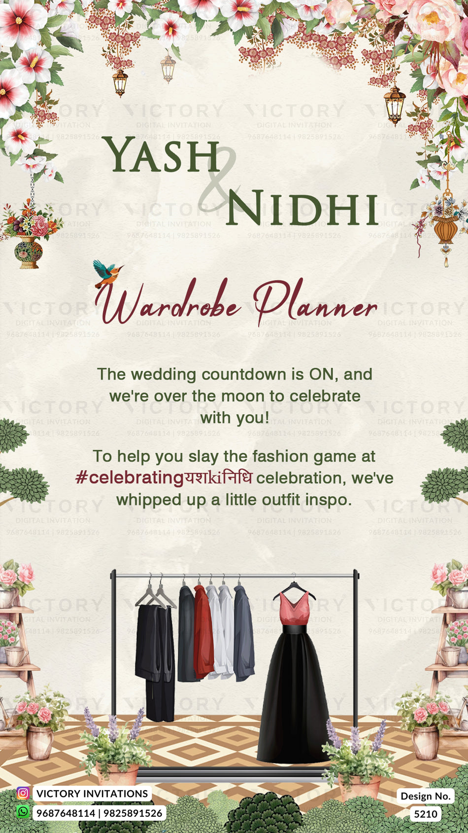 Wardrobe planner invitation card in english language with couple doodle, floral theme design 5210