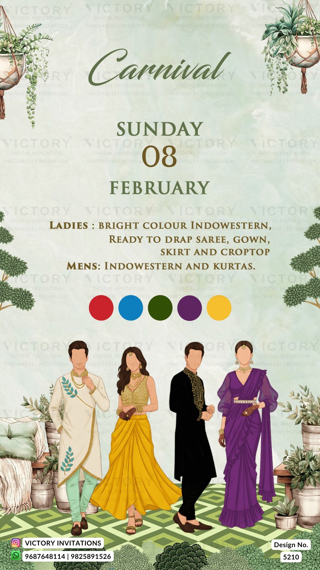 Promotional flyer for a Carnival event on Sunday, 08 February, featuring people in traditional attire.