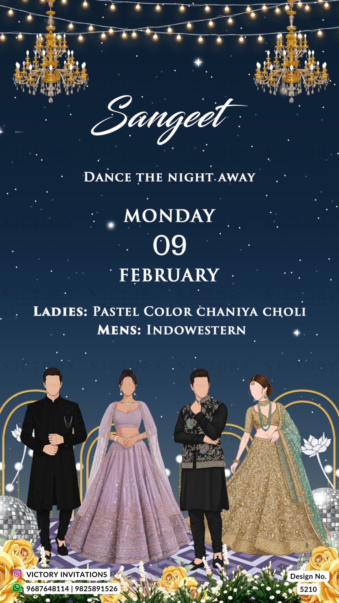 Sangeet event invitation with couple in traditional attire against a starry night sky.
