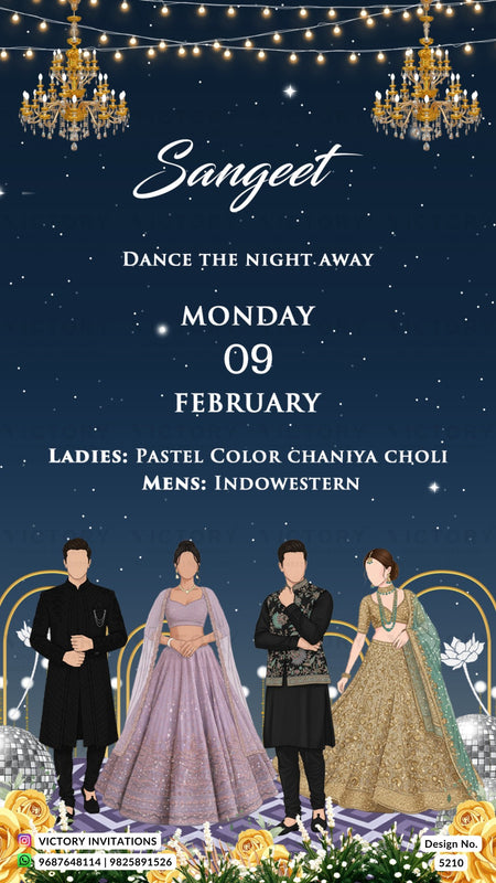 Sangeet event invitation with couple in traditional attire against a starry night sky.