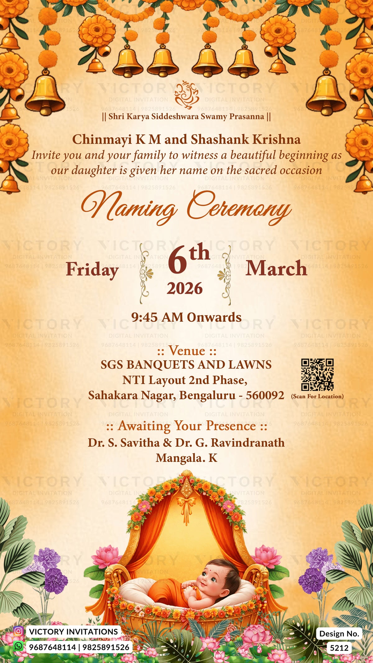 A festive naming ceremony invitation card with a warm beige and orange background, decorated with hanging golden bells, orange flowers, and traditional illustrations. The text details the event for Chimayni K M and Shashank Krishna, scheduled for March 6th, 2026, at 9:45 AM, at SGS Banquets and Lawns in NTI Layout, Bengaluru.