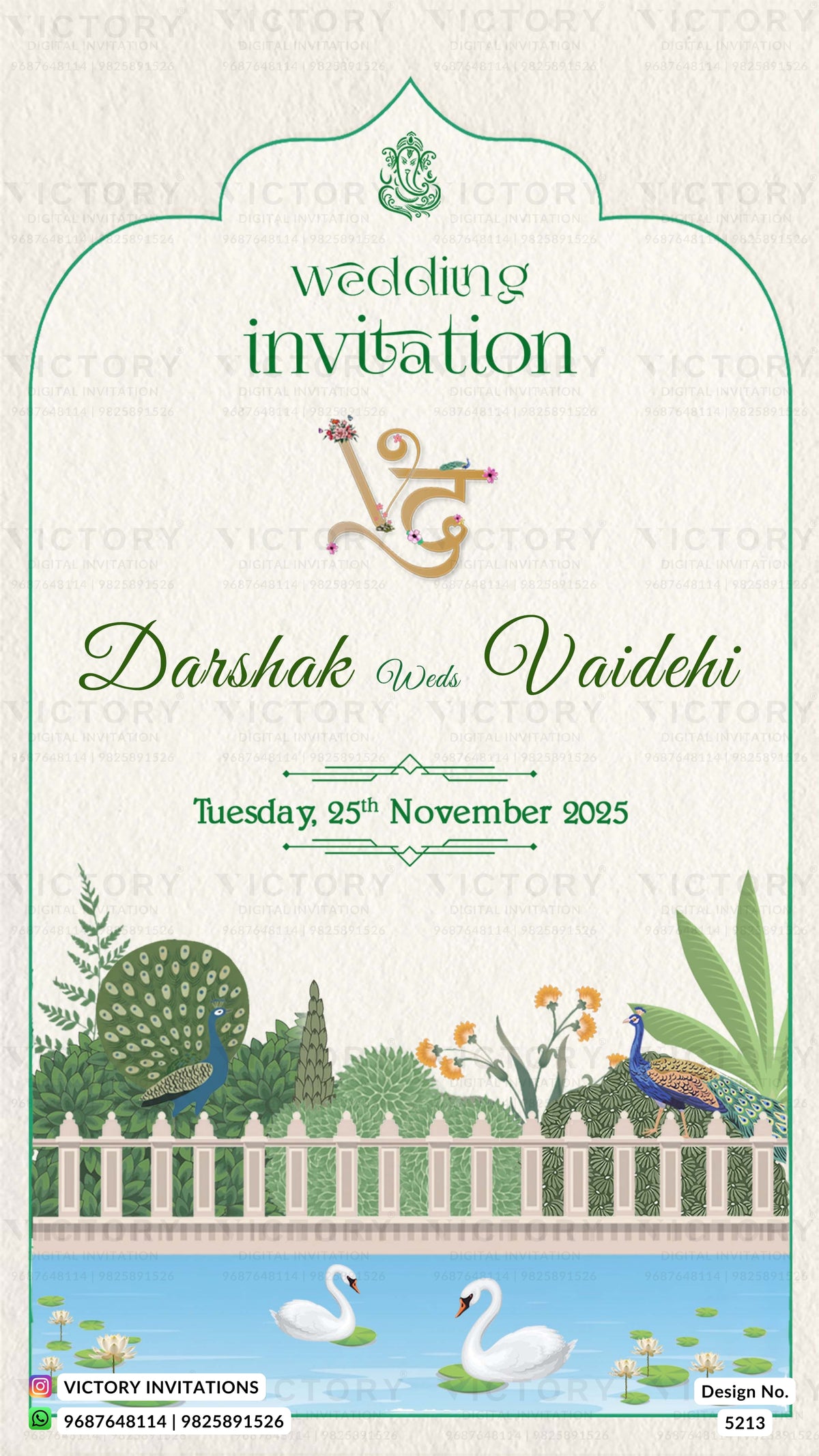 A wedding invitation card design with an arched cream background, green decorative border, and elegant text reading 'wedding invitation,' 'Darshak With Vaidehi,' and the date 'Tuesday 25th November 2025.' The lower portion features a painted garden scene with peacocks, a white picket fence, flowers, and two swans in blue water.