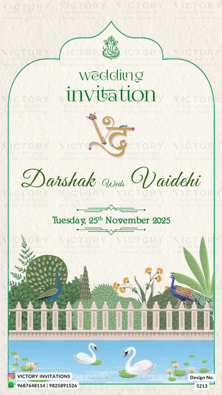 A wedding invitation card design with an arched cream background, green decorative border, and elegant text reading 'wedding invitation,' 'Darshak With Vaidehi,' and the date 'Tuesday 25th November 2025.' The lower portion features a painted garden scene with peacocks, a white picket fence, flowers, and two swans in blue water.