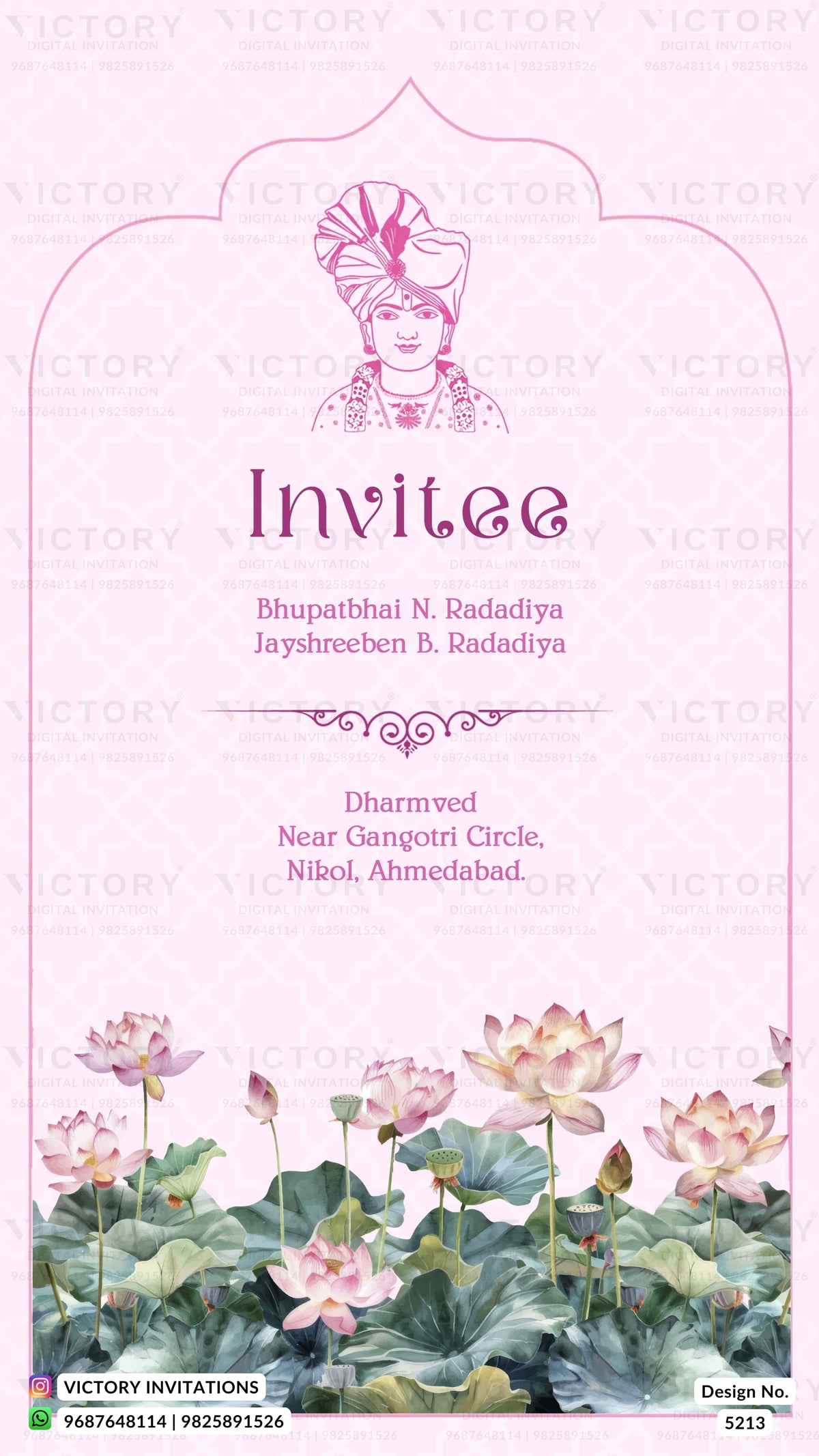 A pink invitation card design with a watercolor lotus pond illustration at the bottom, featuring the word 'Invitee' and names of guests in the center, plus a stylized illustration of a woman in traditional attire at the top.