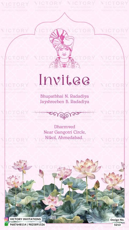 A pink invitation card design with a watercolor lotus pond illustration at the bottom, featuring the word 'Invitee' and names of guests in the center, plus a stylized illustration of a woman in traditional attire at the top.