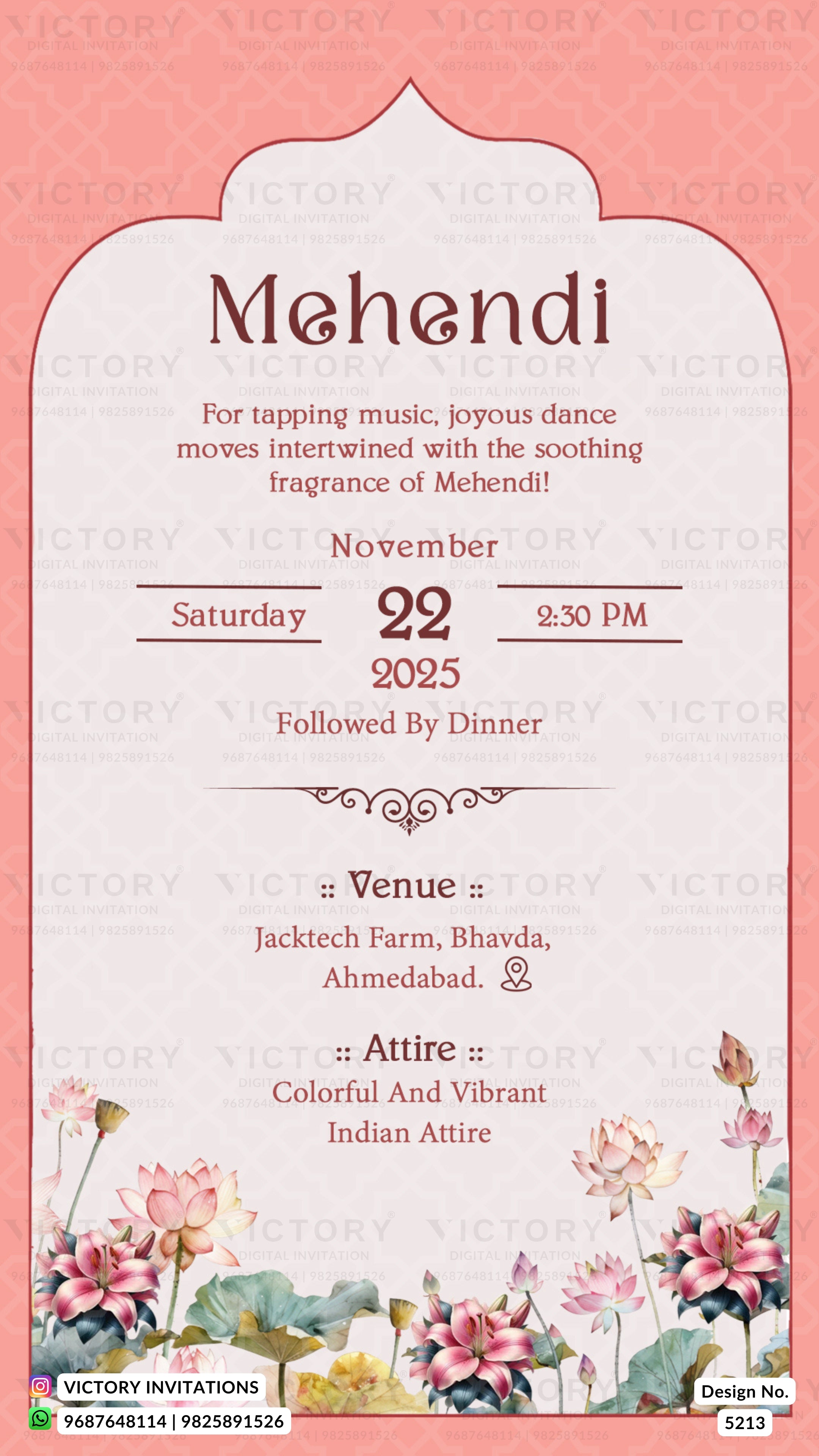 A pink and white Mehndi invitation card with floral illustrations at the bottom, featuring event details such as date, time, venue, and attire.