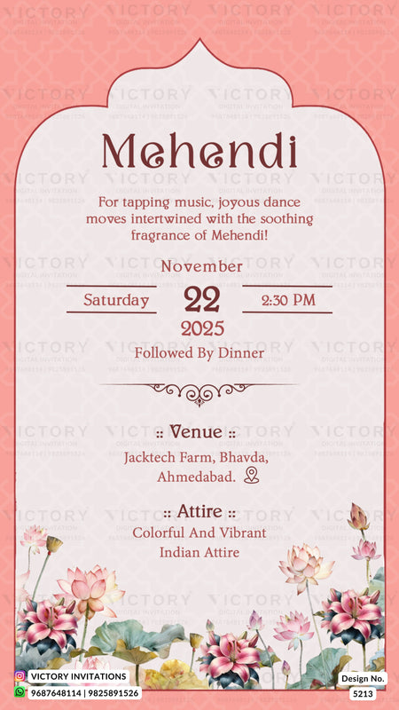 A pink and white Mehndi invitation card with floral illustrations at the bottom, featuring event details such as date, time, venue, and attire.