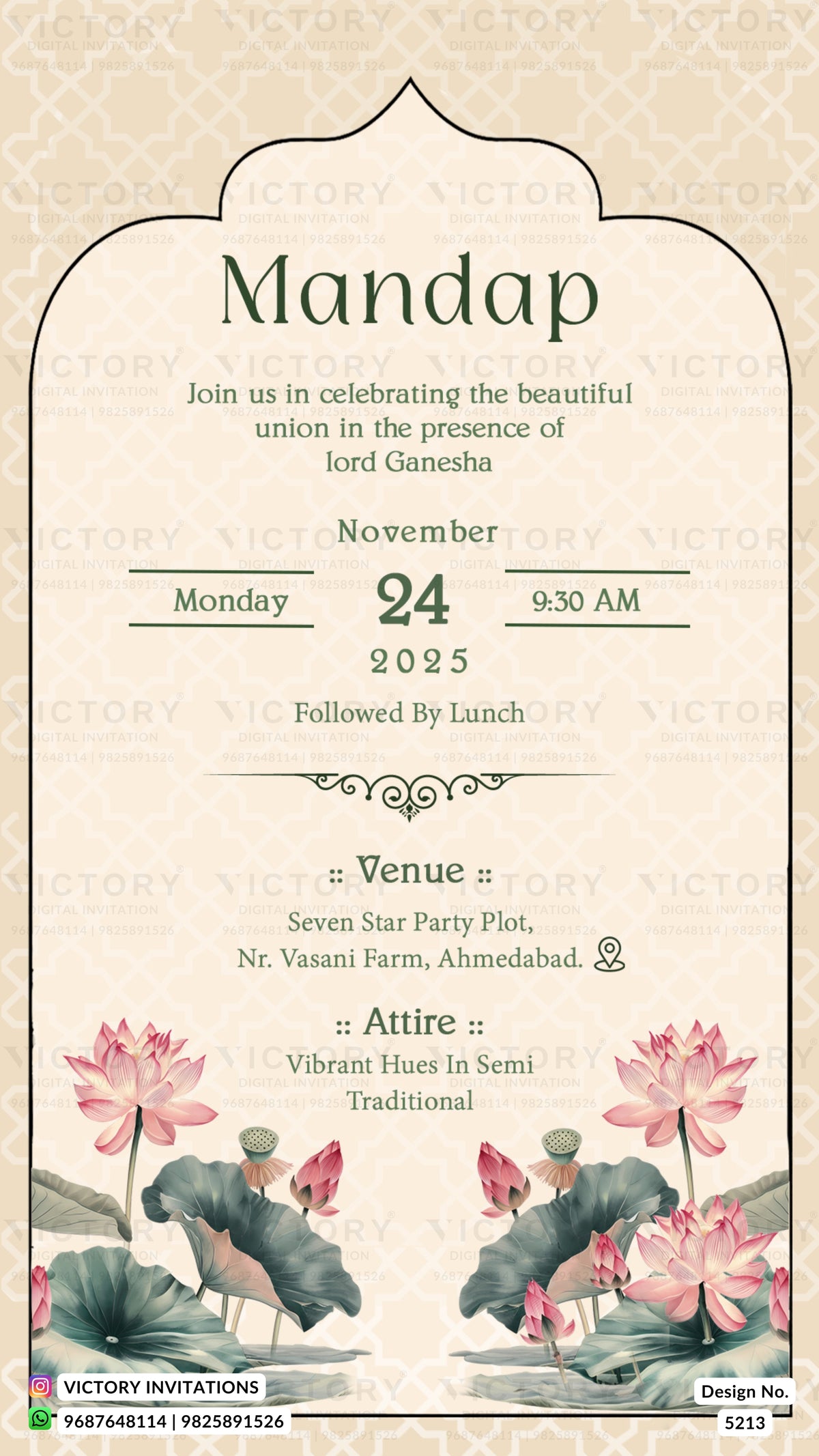 A festive Mandap wedding invitation card featuring a cream and beige arched border, elegant typography, and traditional Indian illustrations of pink lotus flowers and green lotus leaves at the bottom. The card is watermarked with 'VICTORY' in the background.