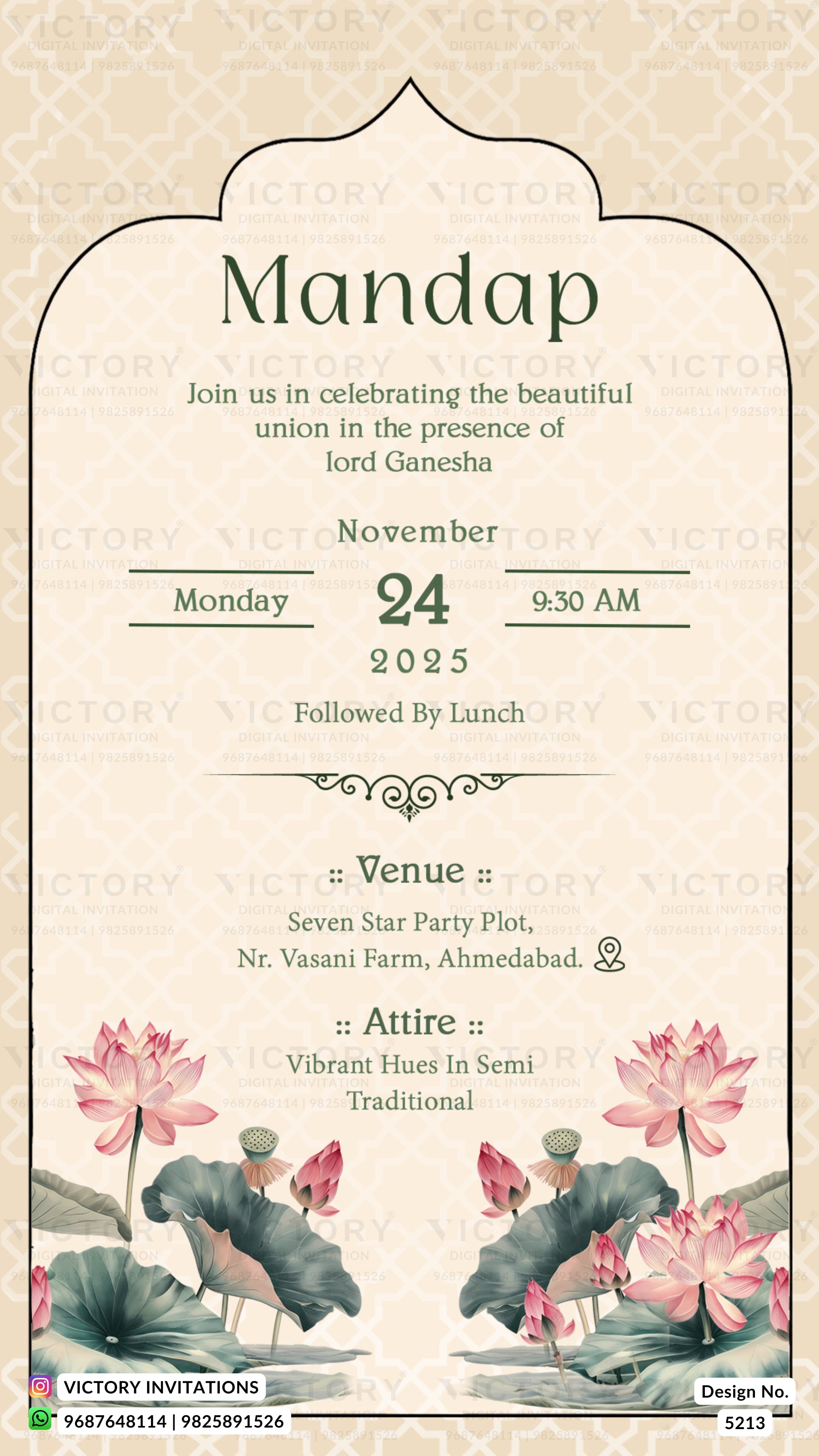 A festive Mandap wedding invitation card featuring a cream and beige arched border, elegant typography, and traditional Indian illustrations of pink lotus flowers and green lotus leaves at the bottom. The card is watermarked with 'VICTORY' in the background.