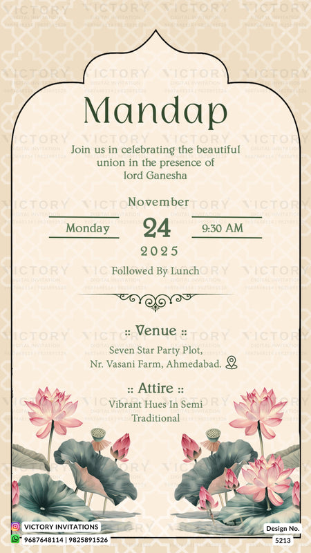 A festive Mandap wedding invitation card featuring a cream and beige arched border, elegant typography, and traditional Indian illustrations of pink lotus flowers and green lotus leaves at the bottom. The card is watermarked with 'VICTORY' in the background.