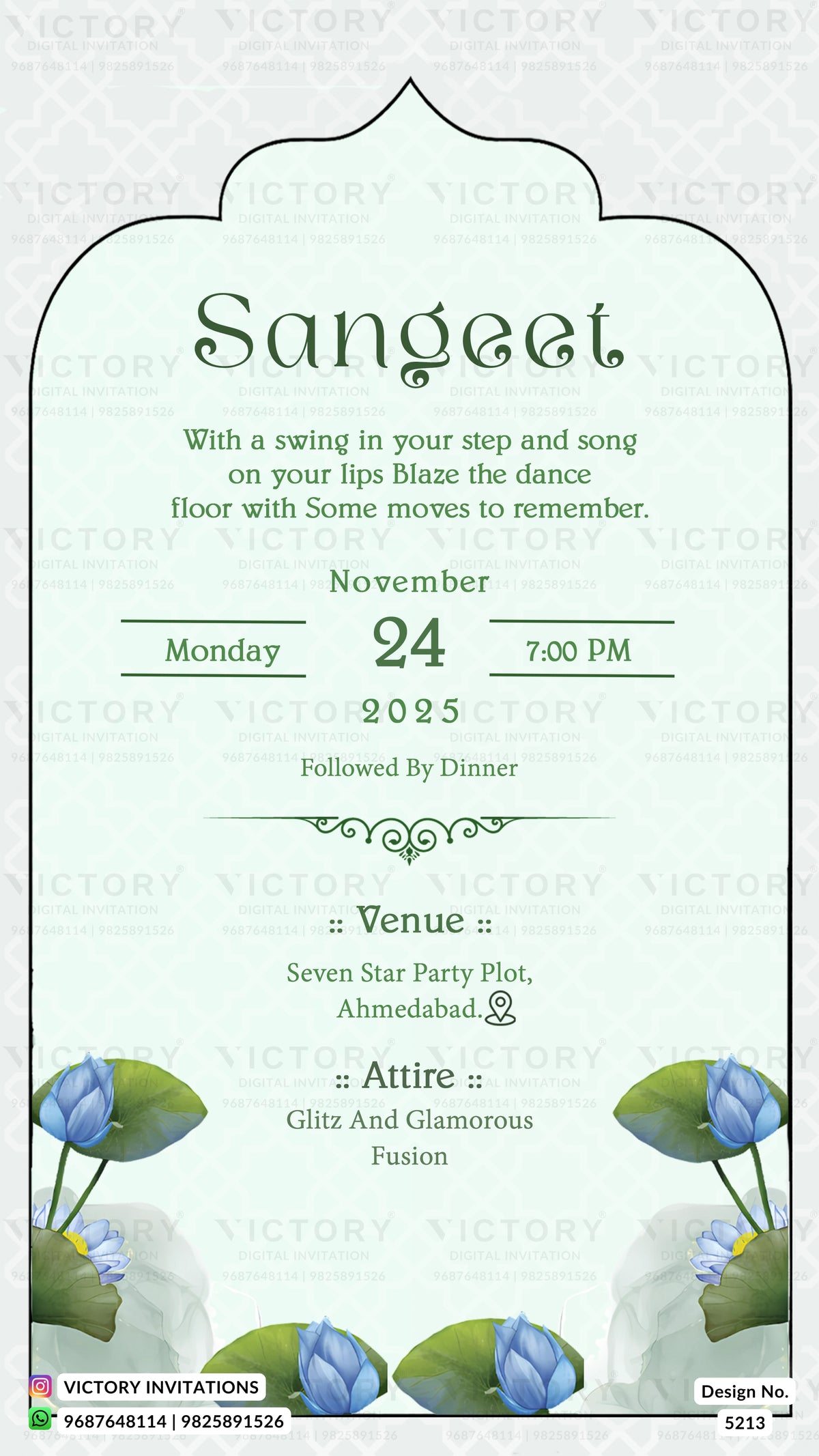A digital Sangeet event invitation card featuring a light green and white arched frame with elegant typography. The card includes decorative blue lotus flowers at the bottom and details for the event on Monday, November 24 at 7:00 PM, held at Seven Star Party Plot, Ahmedabad.