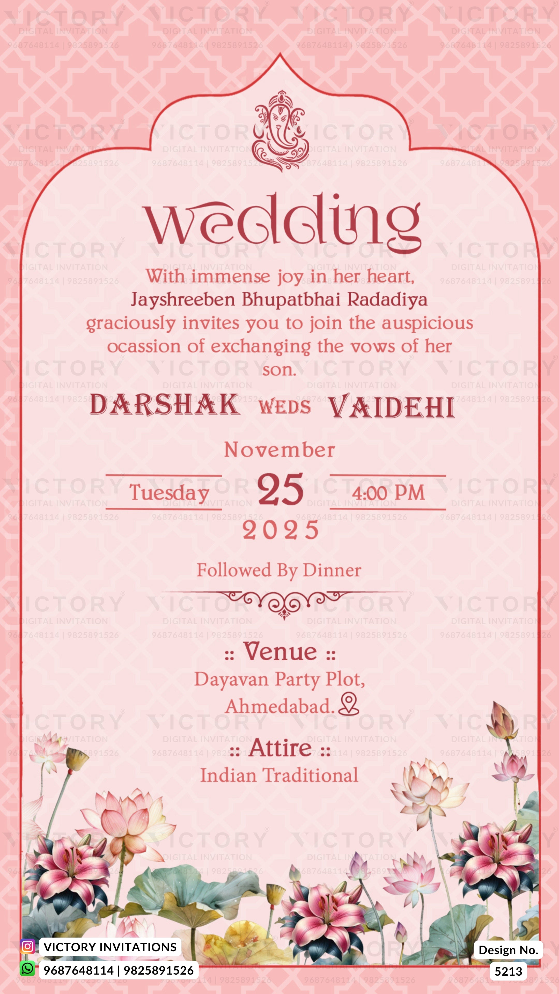 Pink wedding invitation card with a traditional arch design, featuring floral illustrations at the bottom and text for a wedding on Tuesday, 25 November 2025.