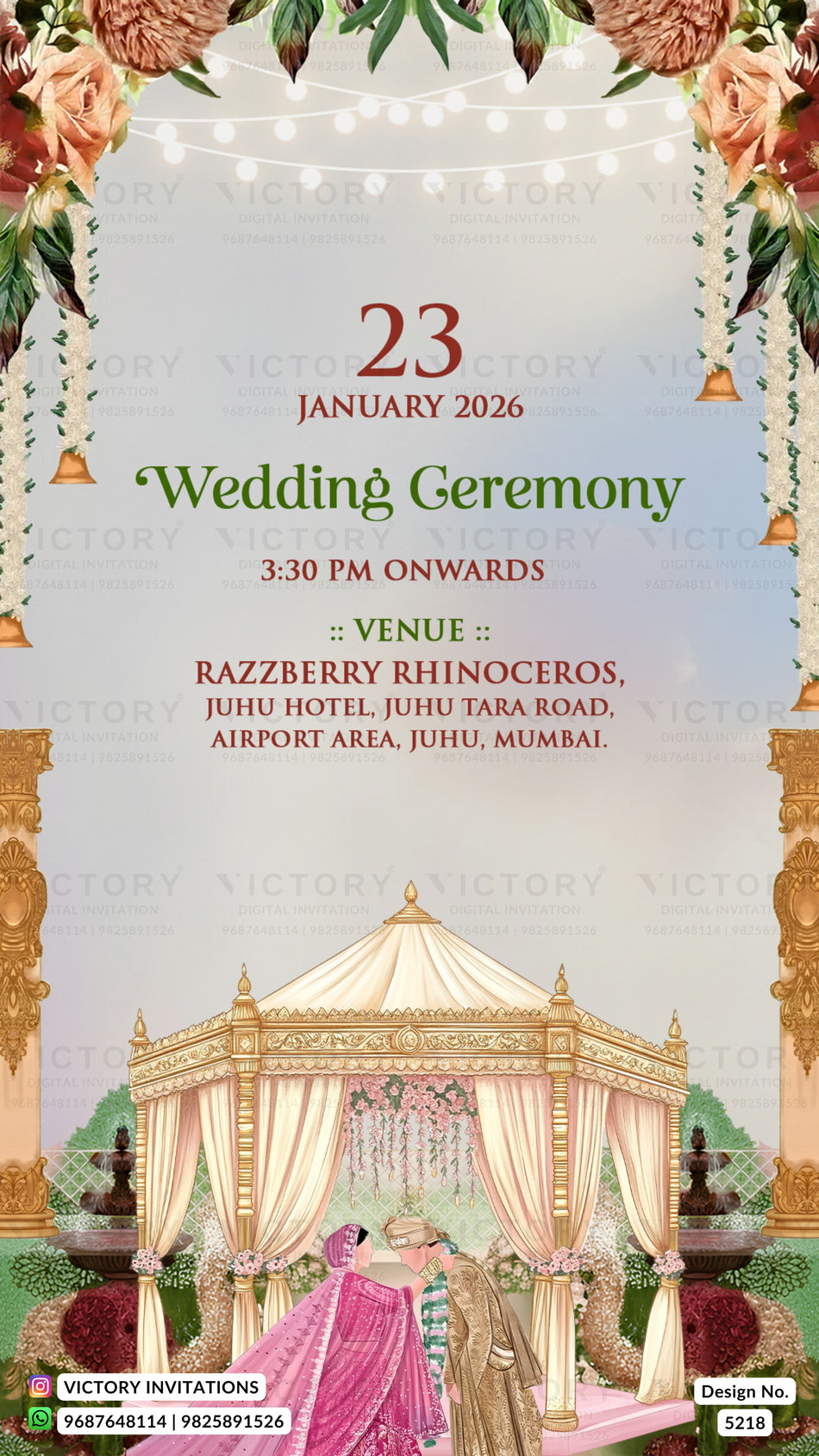 Wedding ceremony invitation card of hindu gujarati kathiyawadi family in english language with Frame theme design 5218